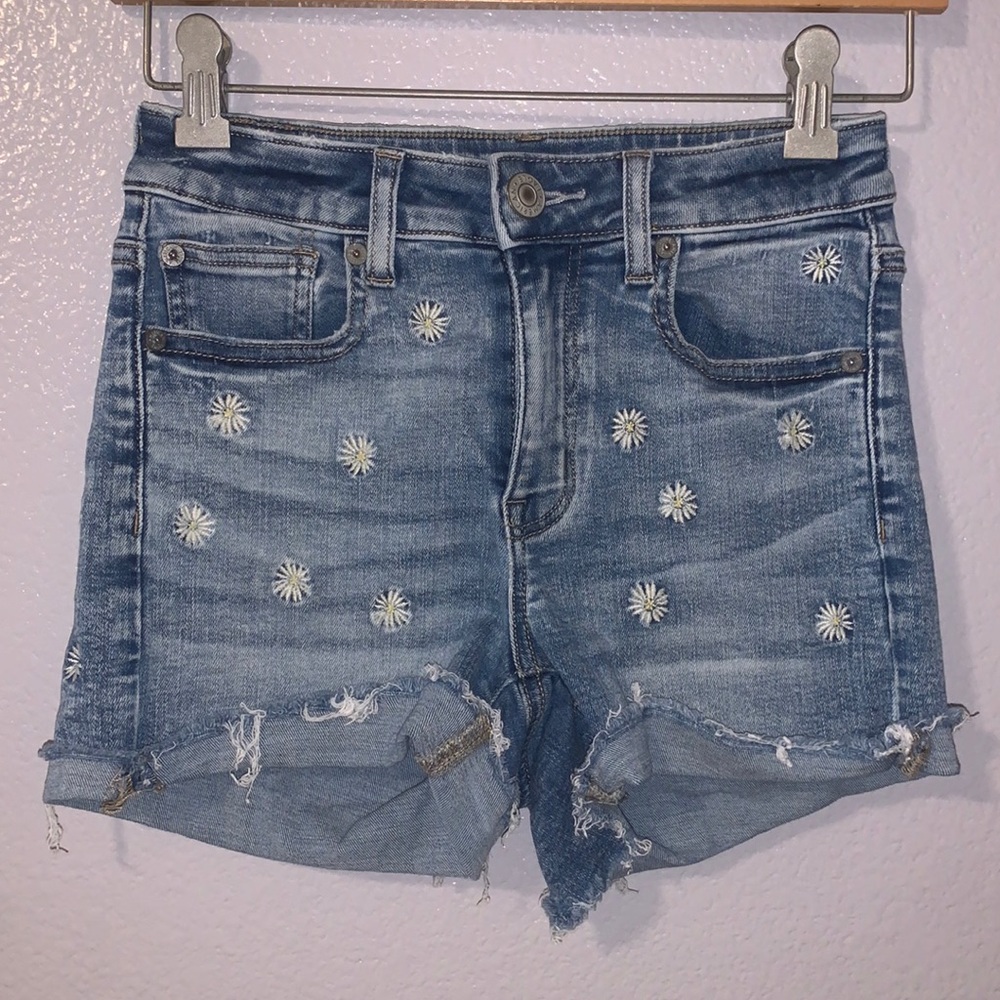 American Eagle Outfitters Embroidered flowers super stretch jean shorts